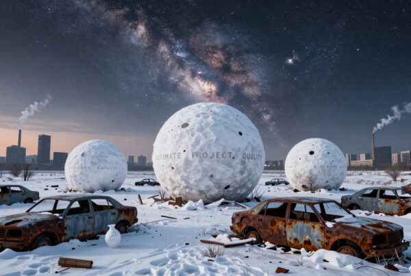 Abandoned cars rusting in snowy field beneath stunning Milky Way night sky