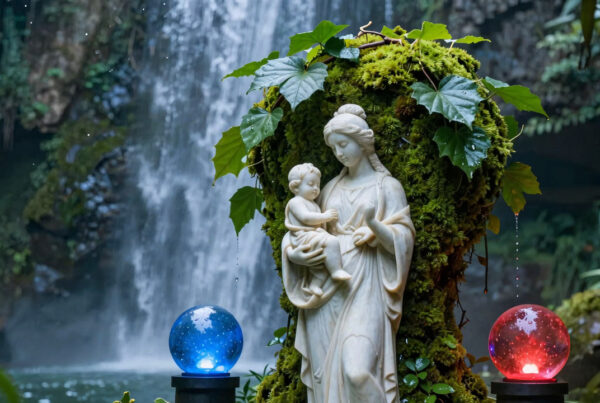 Statue of woman holding child with moss, ivy, blue and red orbs, waterfall background