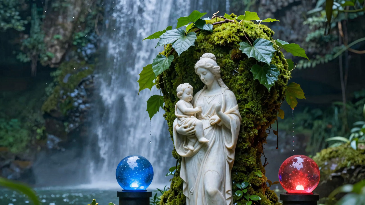 Mossy Statue Waterfall Orbs