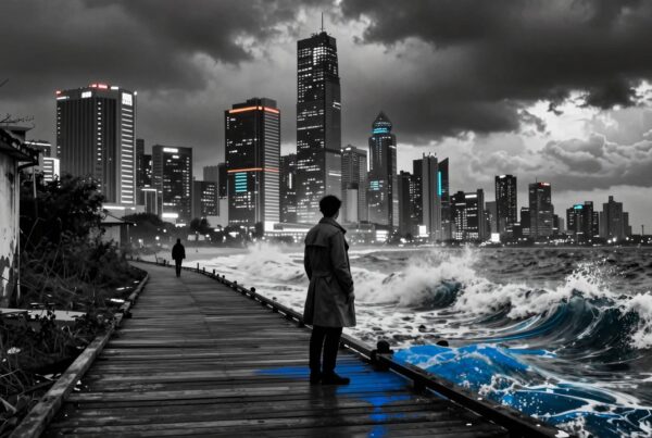A person on a boardwalk faces neon-lit cityscape with stormy sky.