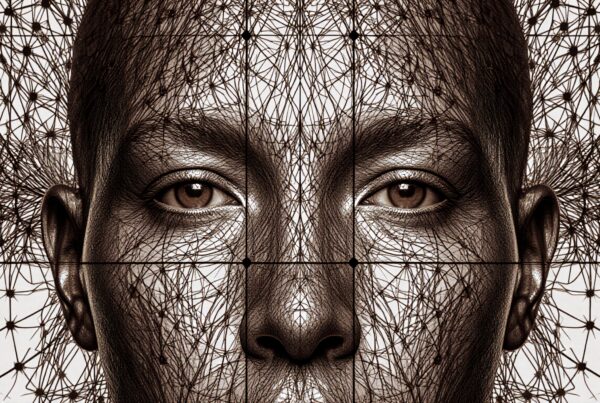 Futuristic digital art of a face intertwined with a complex network pattern.