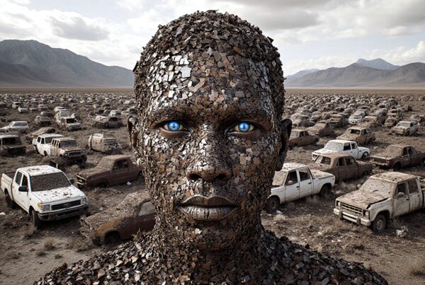 A humanoid figure with metallic skin stands amidst a field of abandoned cars under a cloudy sky.
