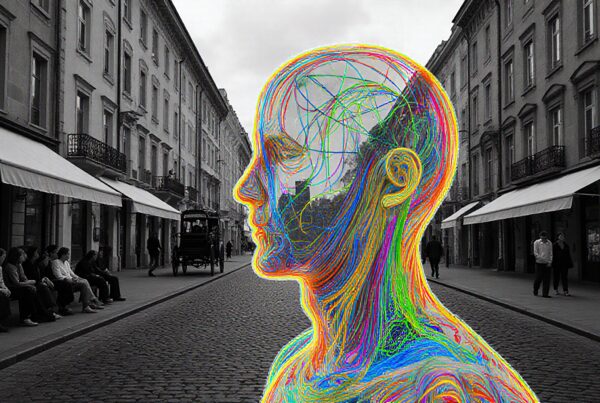 A colorful neural depiction superimposed on a grayscale city street scene.