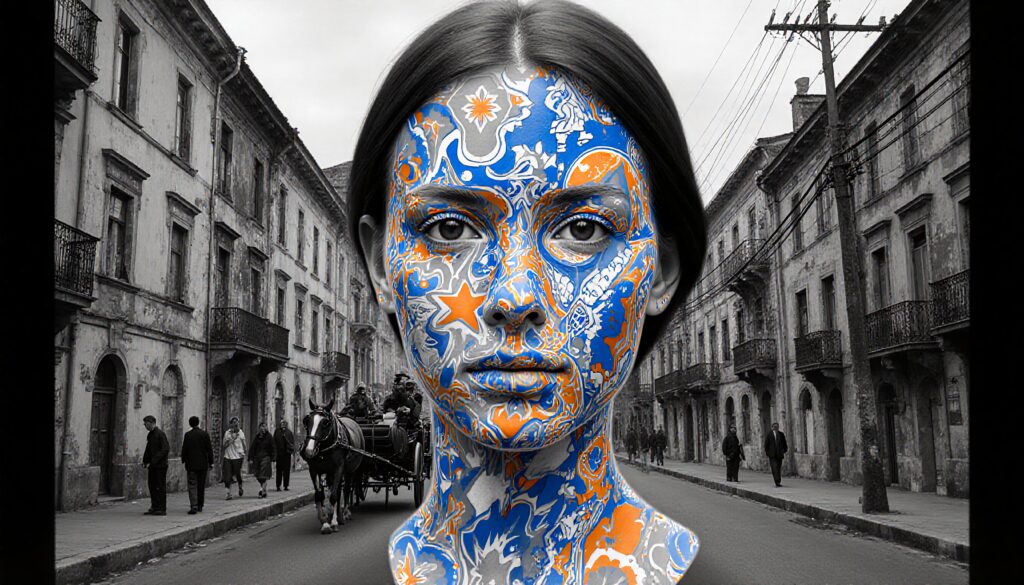 Vibrant face art contrasts vintage city backdrop.