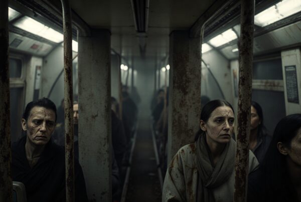 A dimly lit, rusty subway with somber passengers.