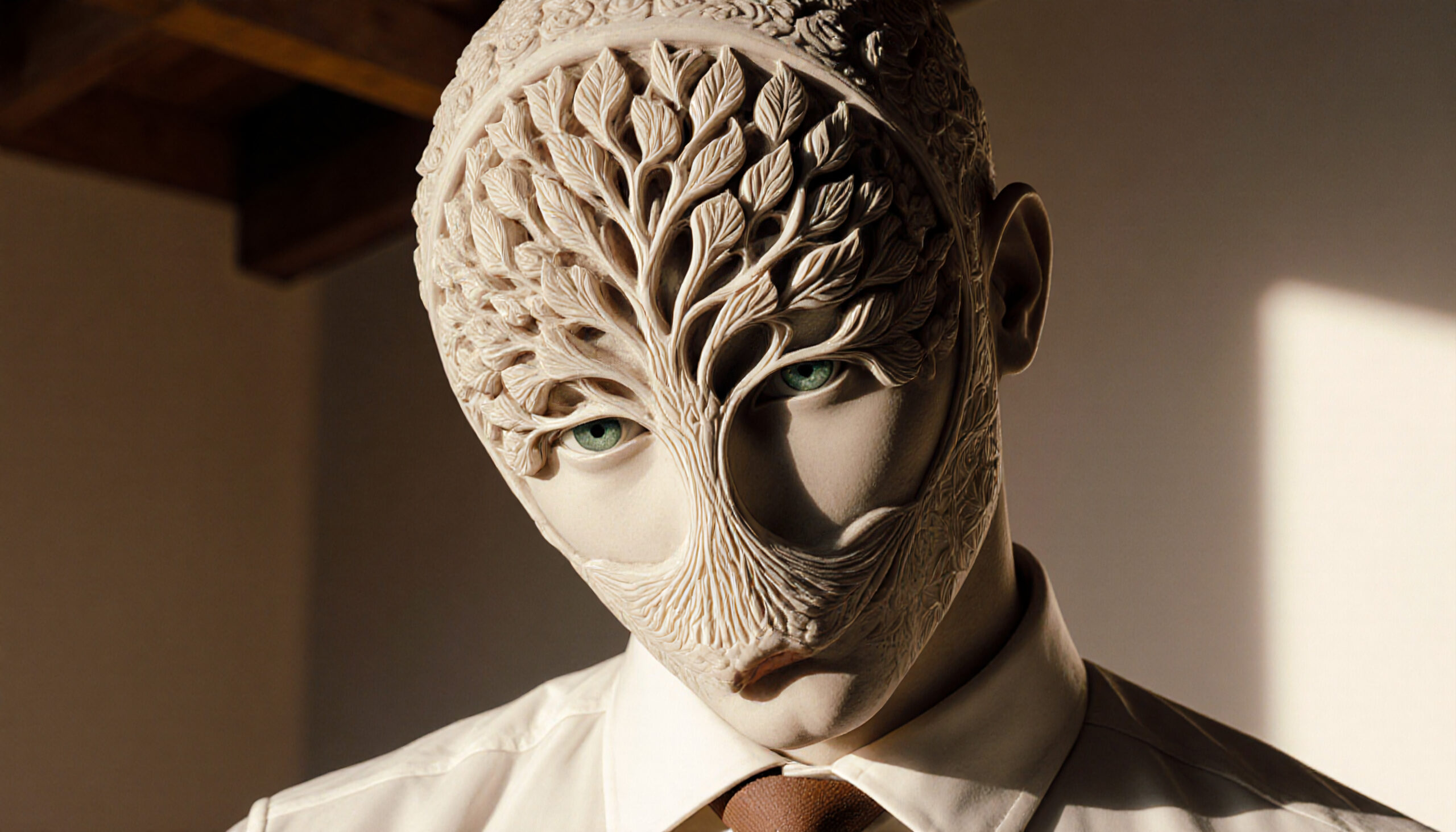 Tree-Adorned Masked Figure in Light