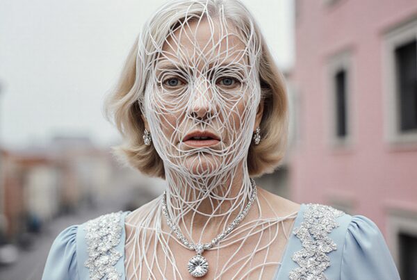 An elderly woman in elegant attire with a net-like face accessory in an urban setting.