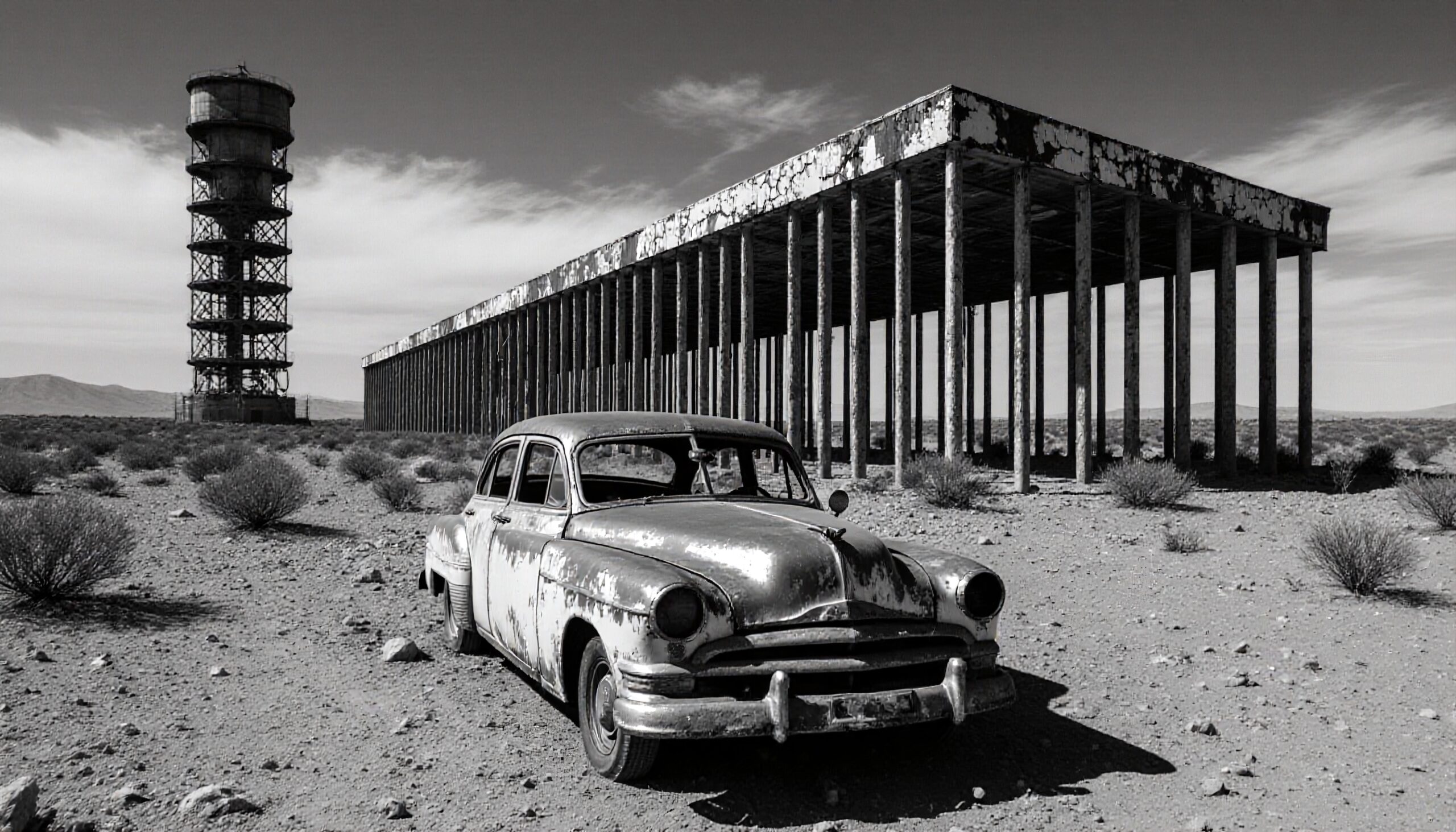 Deserted landscape with vintage car