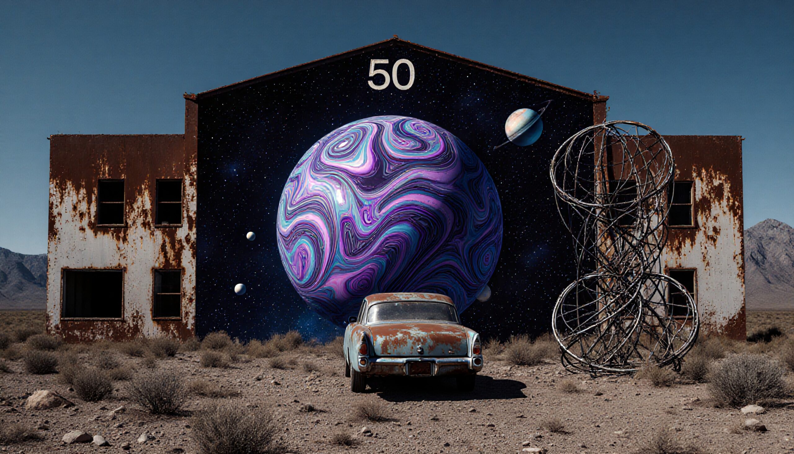 Cosmic Mural in Desert Landscape