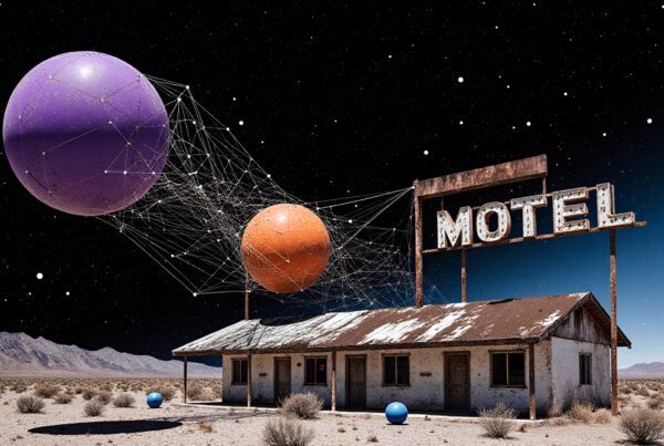 A surreal scene of an abandoned desert motel with cosmic spheres in the starry sky.