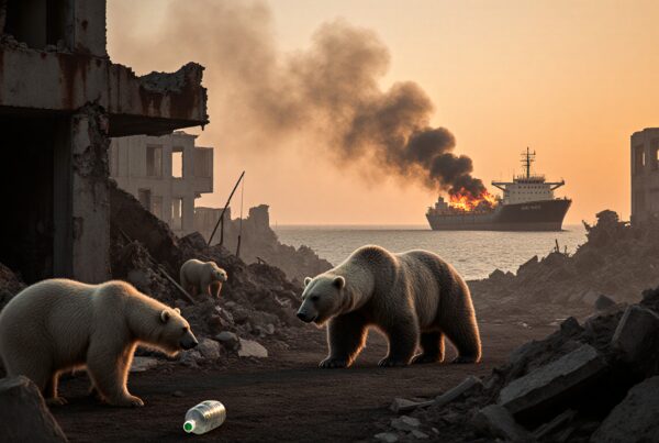 Polar bears wander ruined landscape near burning ship.