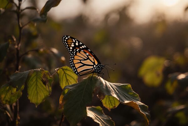 A monarch butterfly rests on a leaf during sunset.