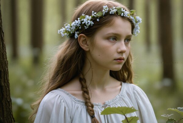 A young girl with a flower crown stands in a tranquil forest, exuding innocence and serenity.