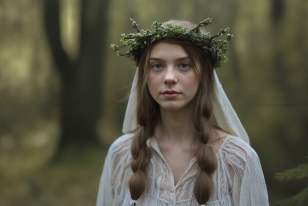 Young woman in forest wearing a twig crown and white veil, surrounded by moss-covered trees.