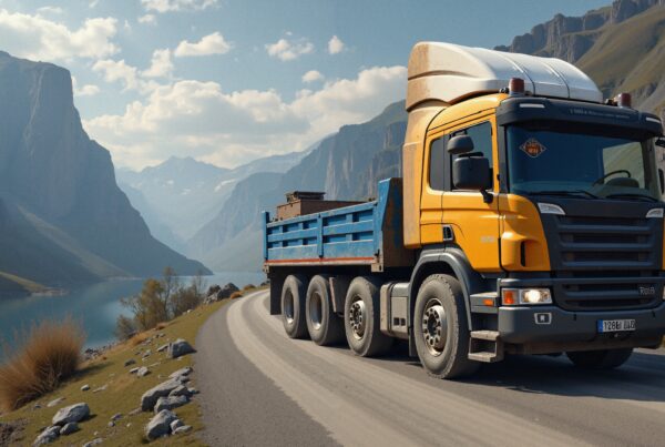 A vibrant yellow truck drives along a winding mountain road beside a turquoise lake under a clear blue sky.