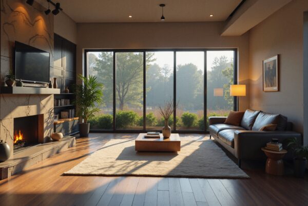 Modern living room interior with fireplace, large windows, and elegant decor.