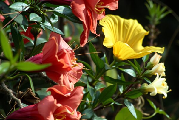 Vibrant red and yellow trumpet-shaped flowers surrounded by lush green foliage.