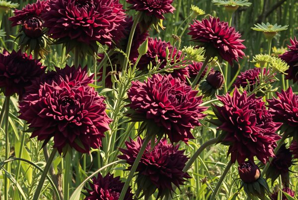 Bright magenta dahlias blooming in a lush, sunlit garden setting.