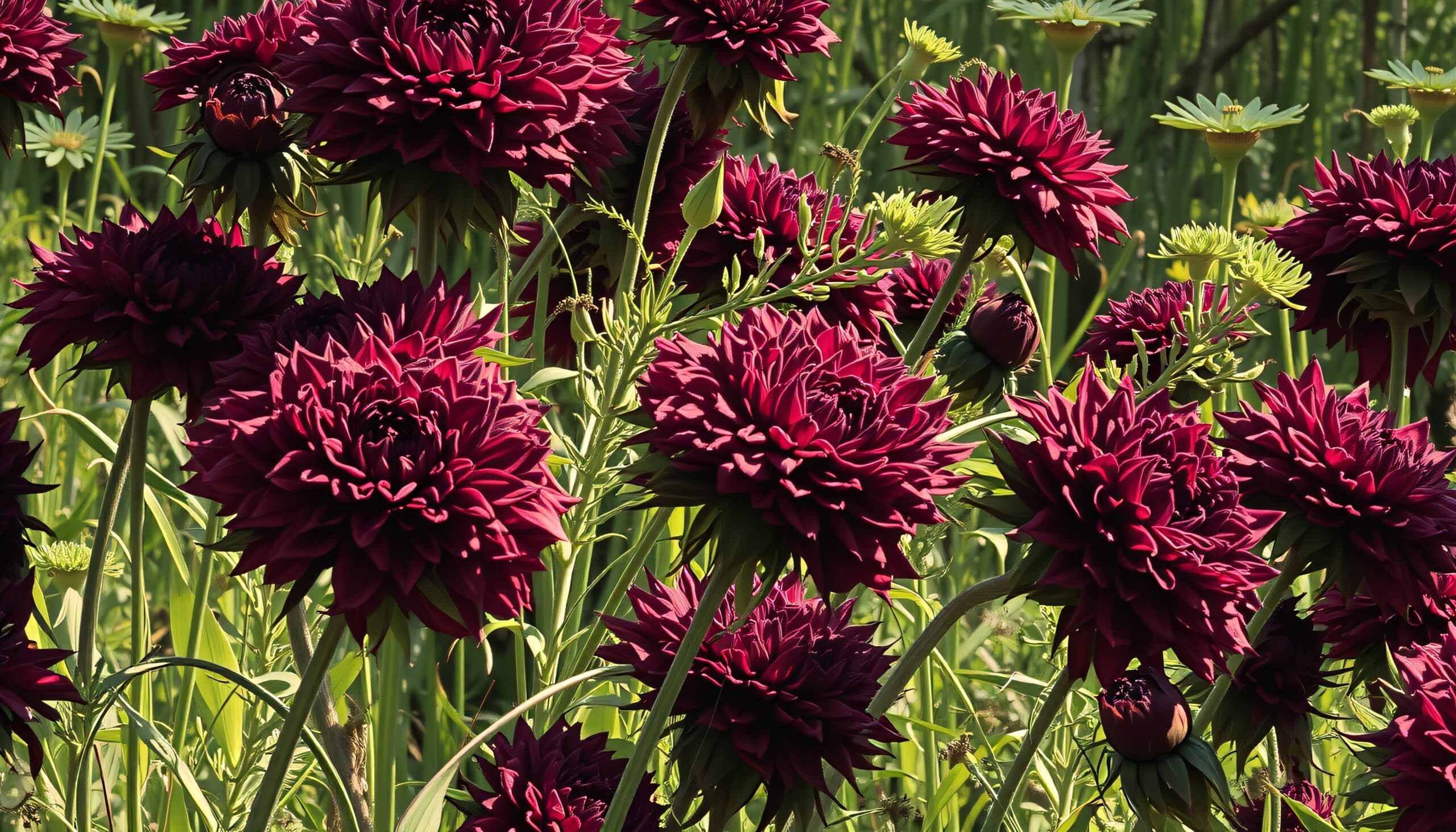 Blooming Dahlias in Sunlit Garden