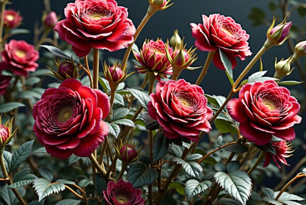 Vibrant cluster of red roses in full bloom, standing out against a dark background with lush green leaves and emerging buds.