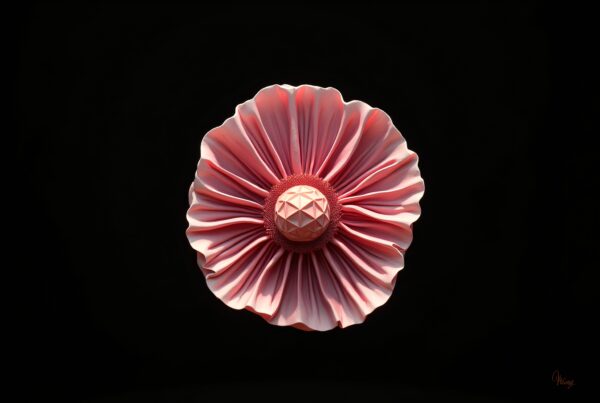 A pink sculptural flower with geometric center.