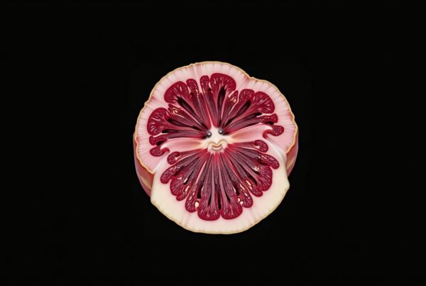 Stylized cross-section of fruit showcasing vibrant colors and intricate patterns against a dark background.