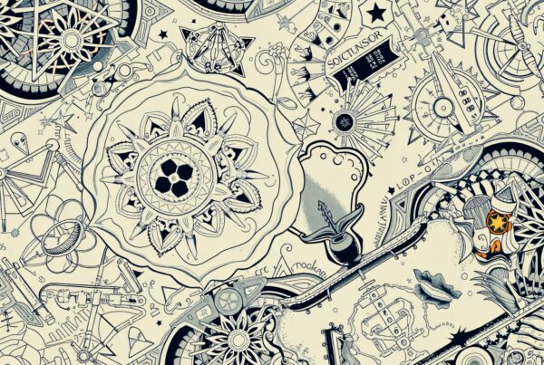 Intricate black-and-white mechanical mandala art featuring gears, stars, clocks, and symbolic patterns perfect for wallpapers and creative projects