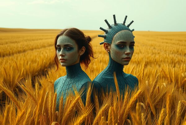 Two figures with cracked blue patterns stand in a golden wheat field under a clear sky.