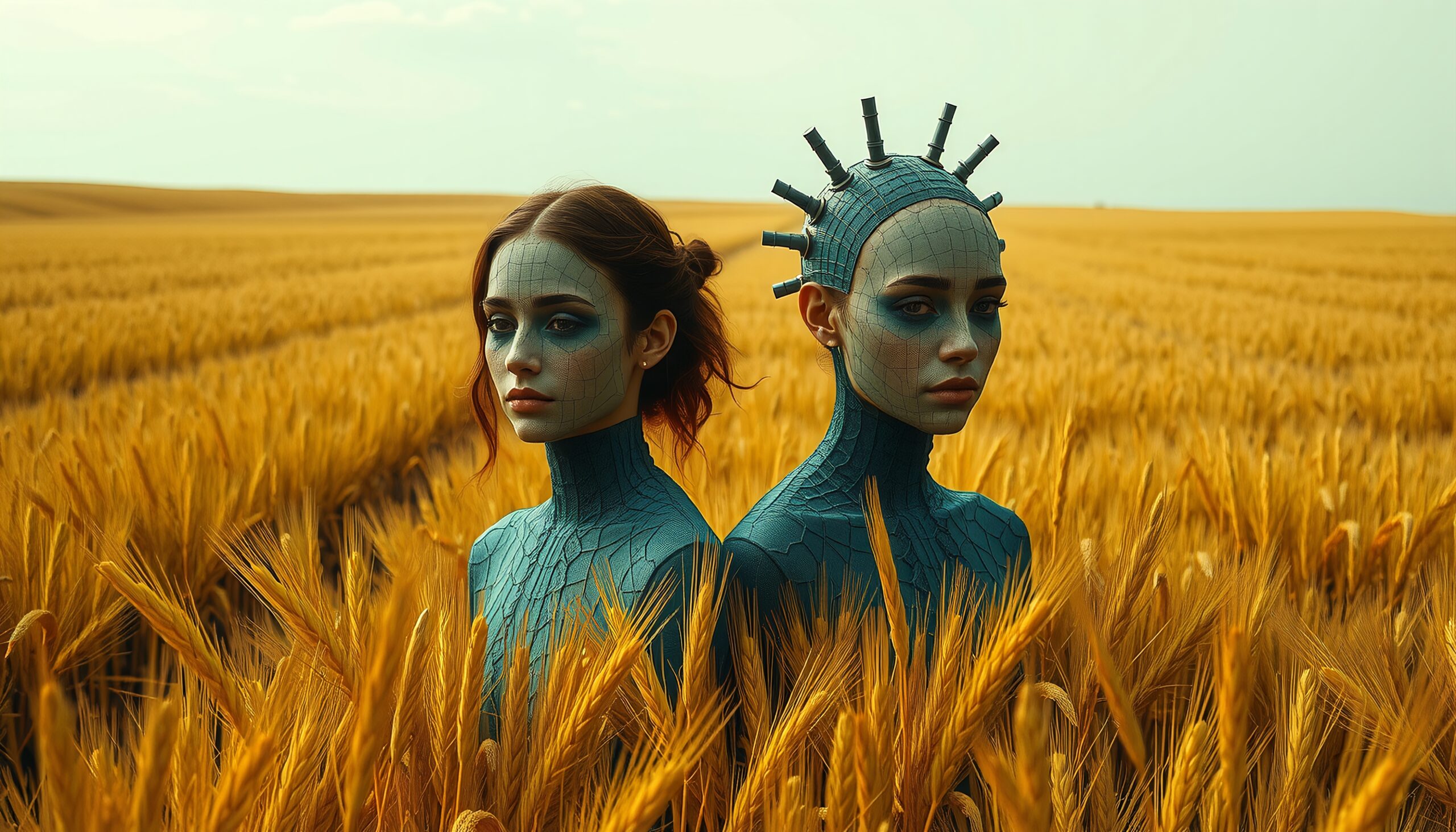 Futuristic Figures in Wheat Field