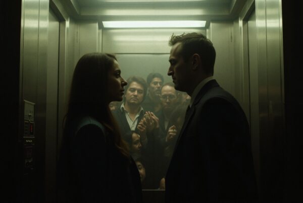 A tense confrontation in a dimly lit elevator with onlookers.
