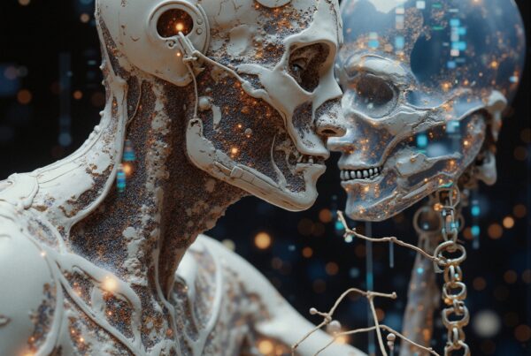 Futuristic humanoid robots with luminous skeletal elements in a dynamic digital setting.