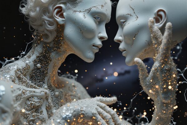 Ethereal figures with cosmic speckled texture against dark background.