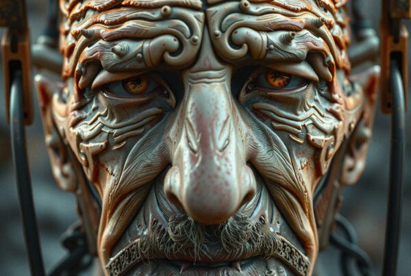 A close-up, biomechanical-themed face blending art, detail, and fantasy elements with striking eyes.