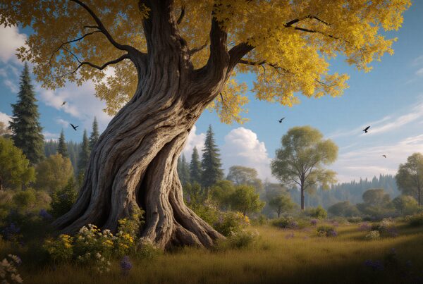 Majestic twisted tree in scenic meadow with golden leaves.