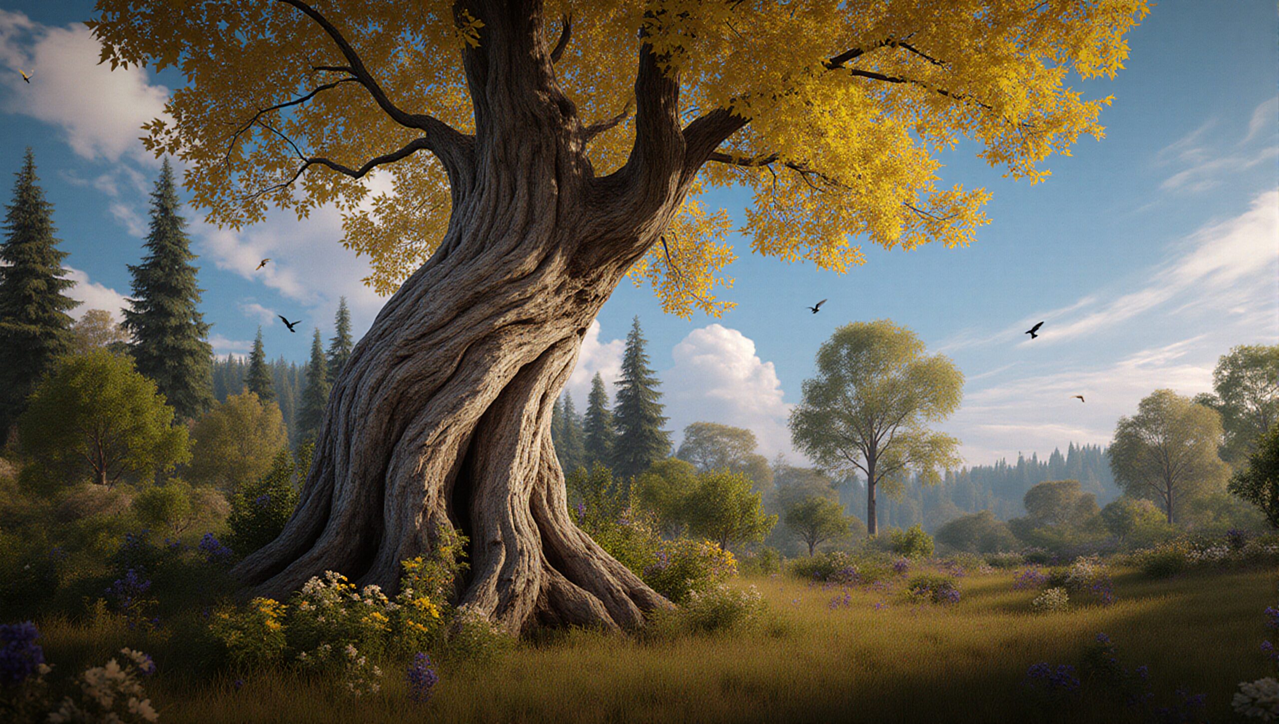 Golden Tree in Idyllic Meadow