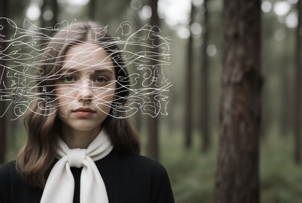 Portrait of a woman in a forest with abstract art overlay.