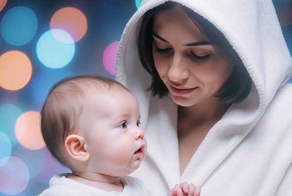 A mother and baby share a tender moment, surrounded by magical bokeh lights.