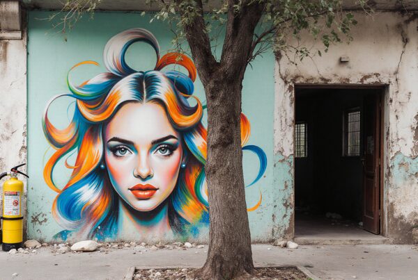 A vibrant mural of a woman's face with colorful hair painted on an urban wall.