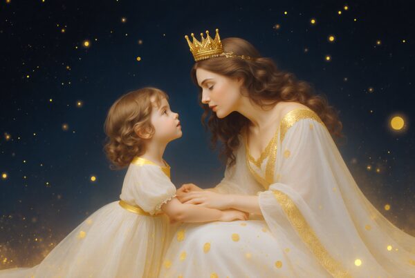 A magical moment between a mother and daughter, wearing elegant gold and white gowns with a crown, surrounded by glowing starlights.