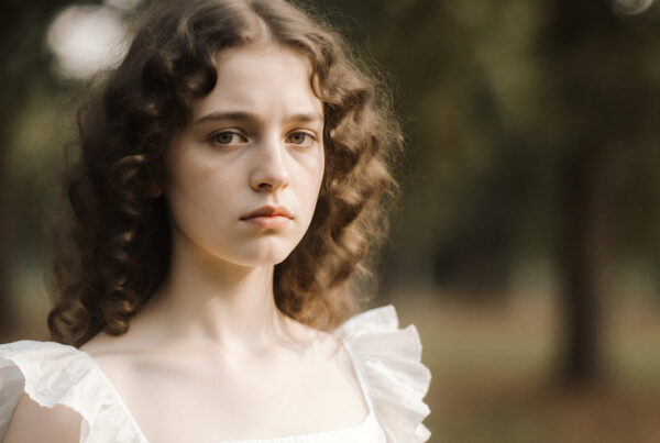 Young woman in white dress posing naturally outdoors under dappled sunlight surrounded by trees