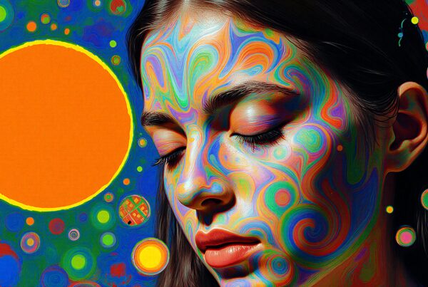 Psychedelic portrait with circular patterns and bright colors.