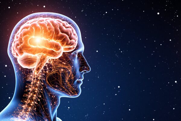 Illustrated human brain with neural network glowing against a starry night background.