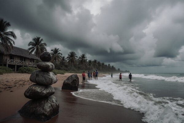 Beach with cloudy skies, palm trees, stacked stones, and people walking on shore.