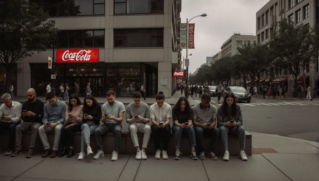 Group of friends sitting on a ledge, looking at smartphones on a
