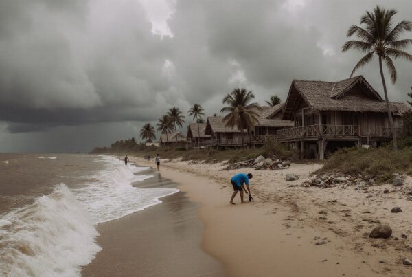 Overcast sky with waves crashing, wooden huts, palm trees, beach.