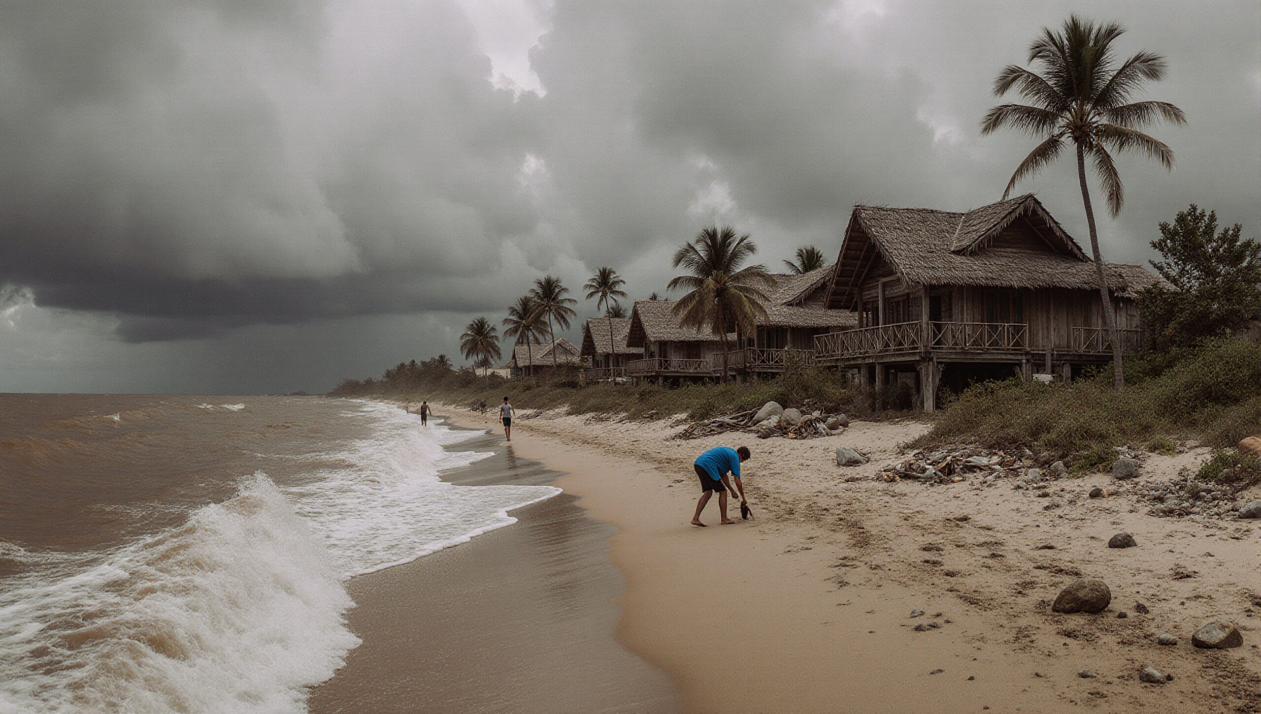 Rustic Huts Along Stormy Shore