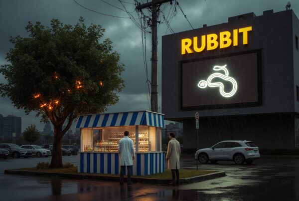 Two men standing at kiosk during rainy night.