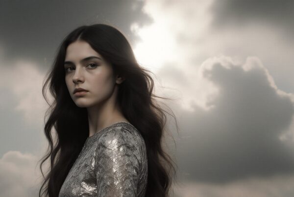 A woman in a silver dress with long hair stands against a cloudy sky background.