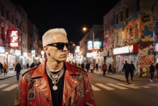 Stylish man in red leather jacket standing confidently amidst vibrant urban nightlife with neon lights and graffiti.