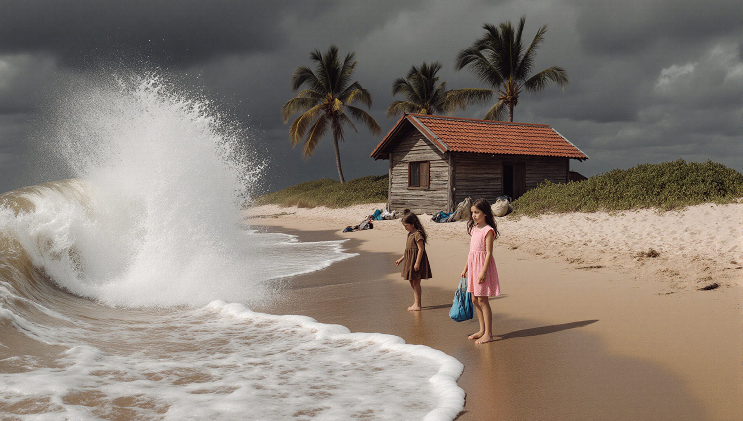 Children watching waves on beach